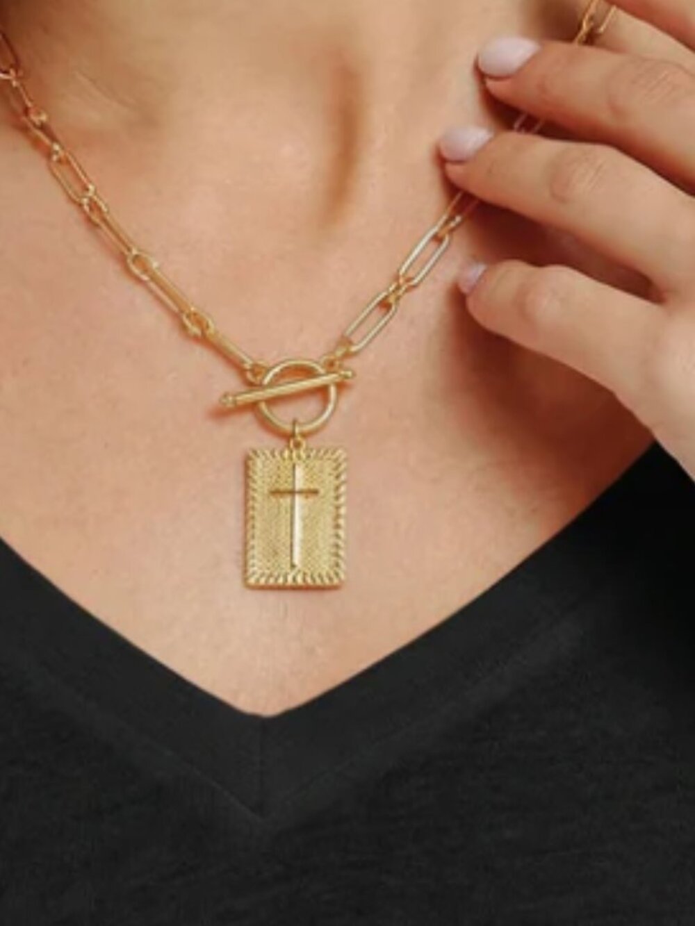 Gold Tone Rectangle Pendant Necklace with Toggle Chain | Minimalist Layering Jew